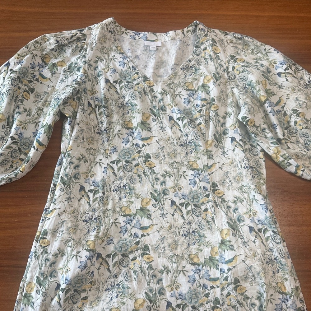 J.Jill Linen Midi Dress Large Lucite Bird Utopia Puff Sleeve Cottage Coastal - Picture 5 of 16